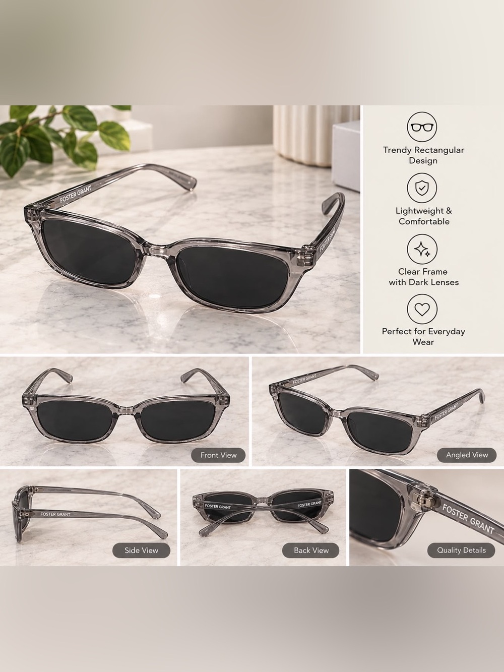 Foster Grant Men’s Clear Gray Rectangular Sunglasses with Dark Lenses